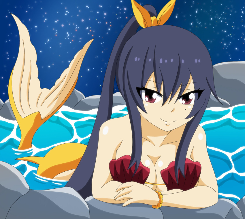 1girls blue_hair breasts brown_eyes edens_zero female female_only fish_tail hi_res highres homura_kogetsu jpeg long_hair looking_at_viewer mermaid mermaid_tail mermaid_transformation monster_girl shell_bra smile solo tail trenganfinn29 water yellow_tail