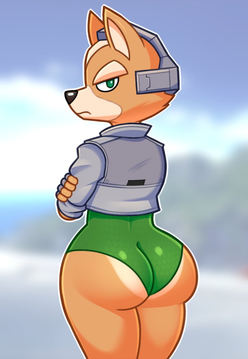 1boy acstlu arms_crossed ass ass_focus big_ass big_butt bubble_butt femboy fox fox_mccloud frown frowning furry furry_only gay glare glaring_at_viewer male_only nintendo solo solo_male star_fox thighs