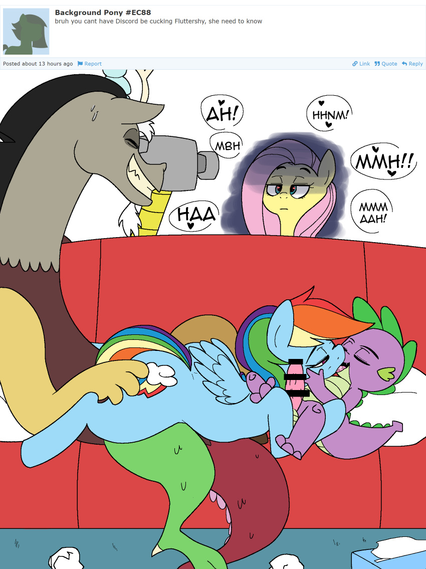 camera censored couch_sex cuckold discord_(mlp) dragon equid equine female fluttershy_(mlp) friendship_is_magic furniture group group_sex hair hasbro hi_res horse male male/female mammal multicolored_hair my_little_pony pegasus php137 pink_hair pony rainbow_dash_(mlp) rainbow_hair sex smooth_skin sofa spike_(mlp) threesome trio video_camera wings