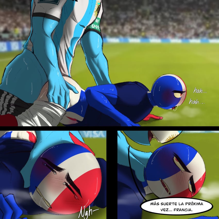 2022_fifa_world_cup 2boys adidas anal argentina_(countryhumans) closed_eyes countryhumans dialogue fifa france_(countryhumans) gay male male/male male_only muscular nike partially_clothed public stickman tears world_cup