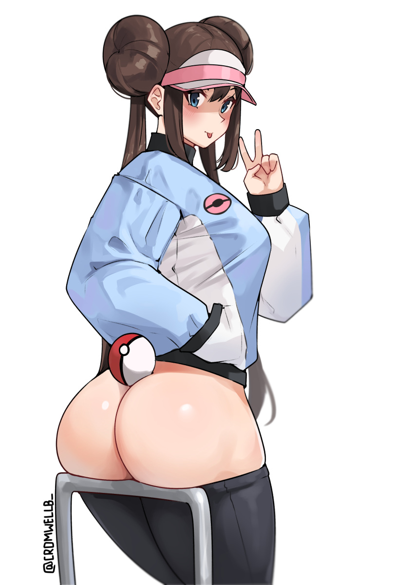 1girls :p ass ass_focus big_ass big_butt blue_eyes brown_hair bubble_butt cromwellb female female_focus female_only large_ass light-skinned_female light_skin long_hair nintendo no_panties peace_sign pokeball pokemon pokemon_bw2 rosa_(pokemon) simple_background solo solo_female solo_focus twin_buns twintails white_background