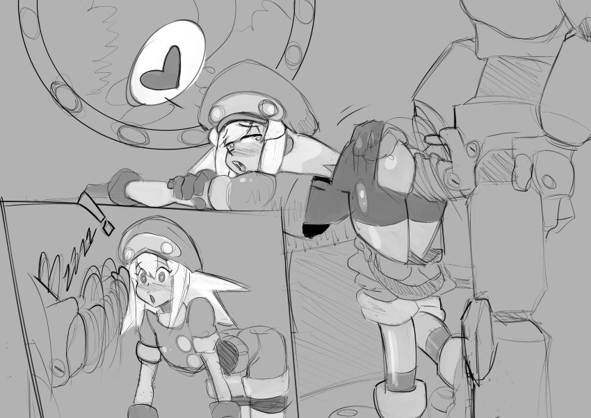 1boy 1girls 2020 ass ass_grab bent_over blush bodysuit closed_eyes drill hat mega_man mega_man_legends mega_man_volnutt monochrome orgasm_face pants_down roll_caskett thesquiddycipher torn_clothes vaginal_penetration