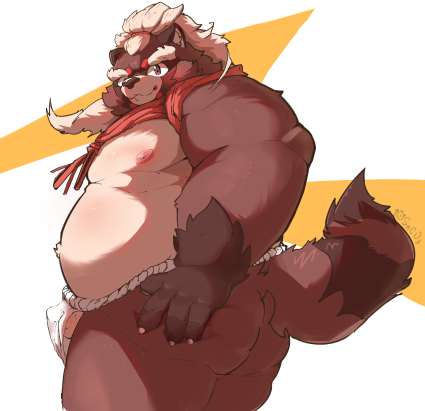 1boy 2023 absurd_res anthro asian_clothing ass balls belly big_belly brown_body canid canine clothing east_asian_clothing fundoshi genitals goemon_(tokyo_afterschool_summoners) hi_res japanese_clothing kemono lifewonders male male_only mammal moobs nipples overweight overweight_male penis raccoon_dog snco333 solo tanuki tokyo_afterschool_summoners underwear white_clothing white_fundoshi white_underwear