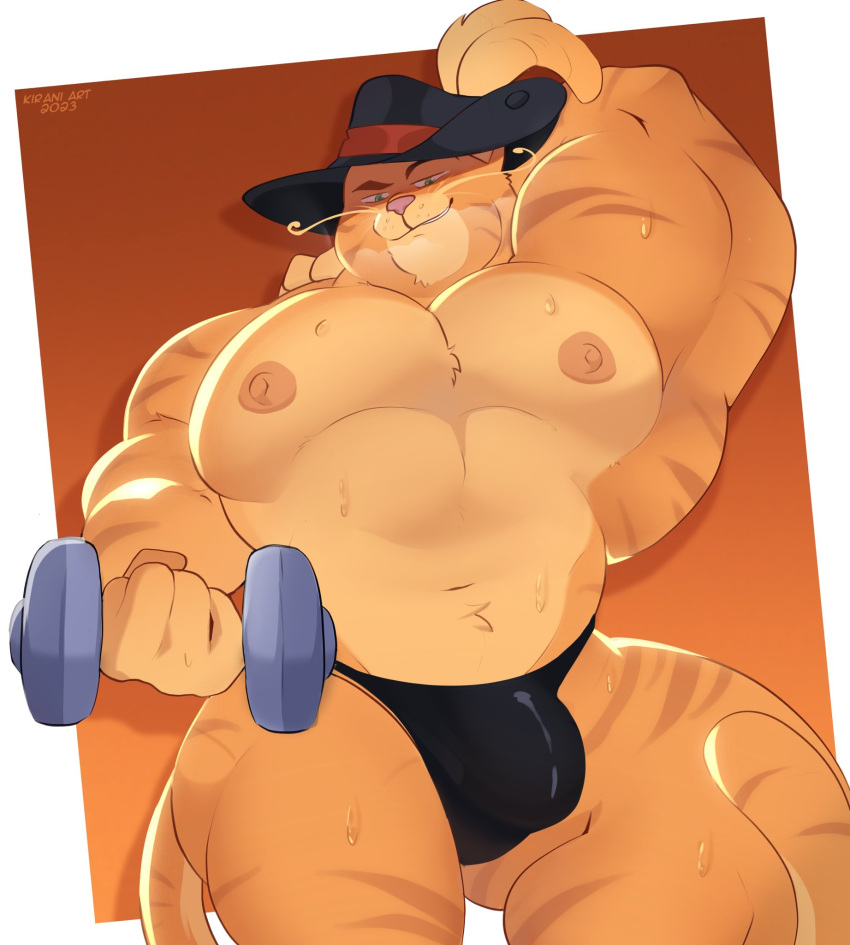 2023 anthro barazoku bedroom_eyes biceps big_bulge big_muscles big_pecs bodily_fluids border brown_background bulge clothed clothing domestic_cat dreamworks dumbbell exercise eyebrows feathers felid feline felis fur gradient_background hand_behind_head hat headgear headwear hi_res huge_muscles kirani_art looking_at_viewer male mammal muscular muscular_anthro muscular_male narrowed_eyes navel nipples non-euclidean_border obliques orange_background pecs puss puss_in_boots_(dreamworks) puss_in_boots_(film) puss_in_boots_the_last_wish seductive shadow shrek_(series) signature simple_background smile smirk solo standing sweat thick_thighs thong topless topless_anthro topless_male tuft underwear universal_studios weightlifting weights whiskers white_border workout