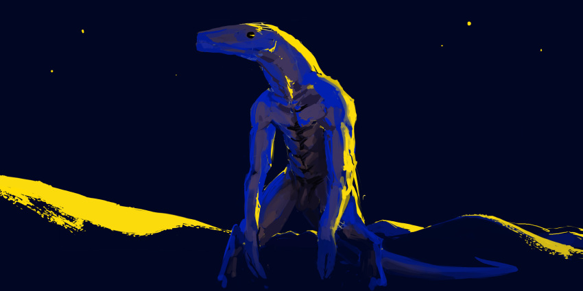 absurd_res anthro balls flaccid genitals grey_body grey_skin hi_res hunched_over light lighting lizard long_tail male meandraco penis reptile scalie solo tail thick_neck