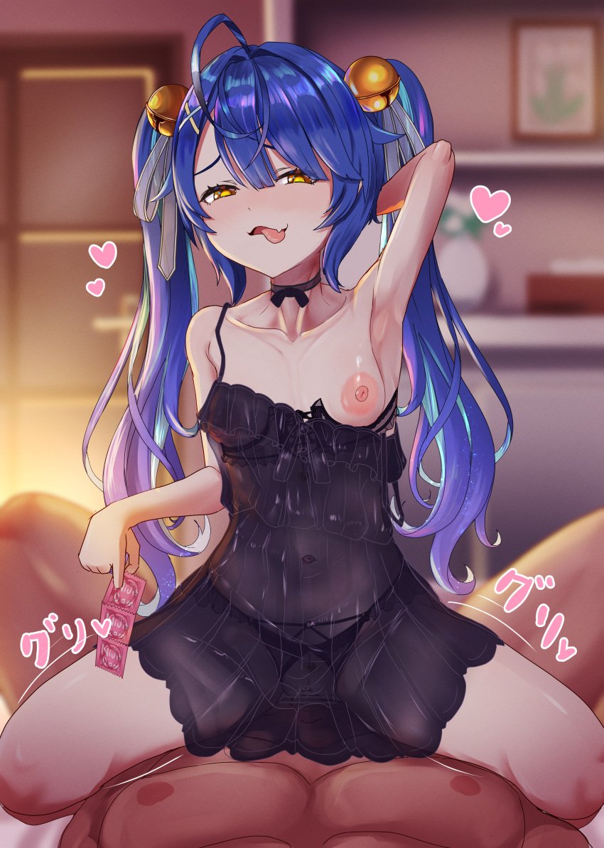 1boy 1girls absurdres ahoge amamiya_kokoro arm_behind_head armpits bangs bar_censor bell black_panties blue_hair blush breasts censored condom condom_packet_strip condom_wrapper dark-skinned_male dark_skin eromegane3103 female hair_bell hair_ornament heart highres light-skinned_female light_skin long_hair looking_at_viewer navel nijisanji nipples one_breast_out panties pussy see-through sex sitting sitting_on_person small_breasts smile straight tongue tongue_out twintails underwear vaginal_penetration virtual_youtuber yellow_eyes young