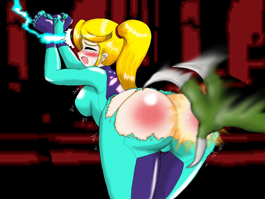 ass blonde_hair blush bondage bubble_ass bubble_butt captured captured_heroine female game_over heroine_in_trouble huge_ass maiga858 metroid red_markings ridley ripped_clothing samus_aran spanked_butt spanking thighs torn_clothes zero_suit zero_suit_samus