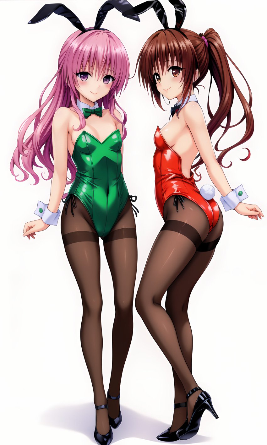 2girls ass brown_eyes brown_hair bunny_ears bunny_tail bunnysuit fake_animal_ears female high_heels leotard long_hair nana_asta_deviluke pantyhose pink_hair ponytail small_breasts to_love-ru violet_eyes yuuki_mikan