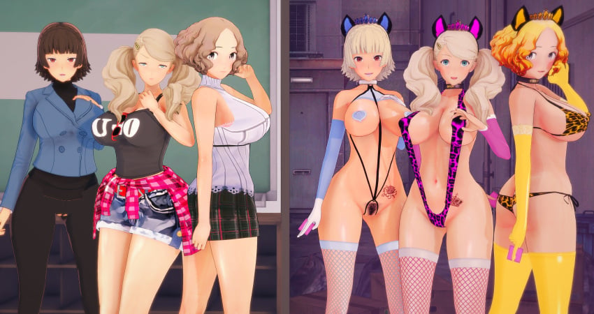 2koma 3d 3d_(artwork) ann_takamaki bimbo bimbofication breasts condom costume_change fishnets gyaru haru_okumura leopard_print makoto_niijima numbersguy panties persona persona_5 stockings tattoo thong thong_bikini