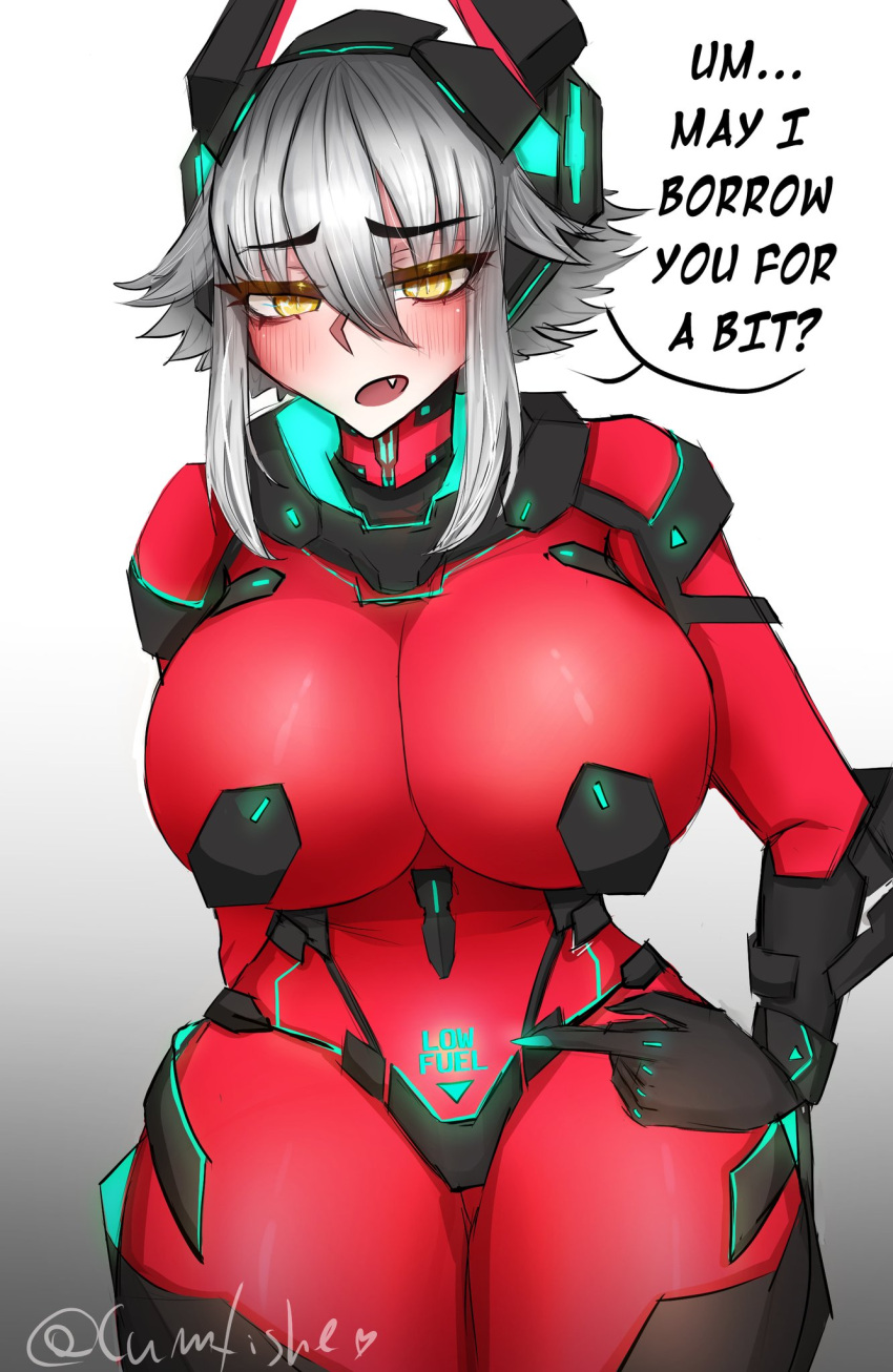 big_breasts bodysuit cumfishe cybernetics dialogue pubic_tattoo silver_hair virtual_youtuber vshojo yellow_eyes zentreya