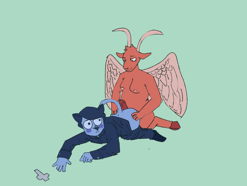 animal_humanoid anthro baphomet_(deity) blush bovid caprine caprine_demon cat_humanoid cross deity demon duo faith_the_unholy_trinity father_john_ward felid felid_humanoid feline feline_humanoid goat_demon gynomorph hi_res humanoid intersex intersex/male male mammal mammal_humanoid priest_robes questionable_consent shinxes wings