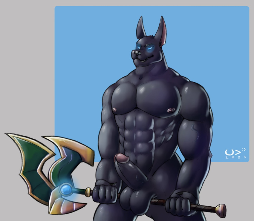 anthro anubian_jackal balls canid canine canis digital_media_(artwork) erection genitals glowing glowing_eyes humanoid jackal league_of_legends looking_at_viewer male male/male mammal muscular nasus nipples nude pecs penis riot_games solo staff ultra_vermin