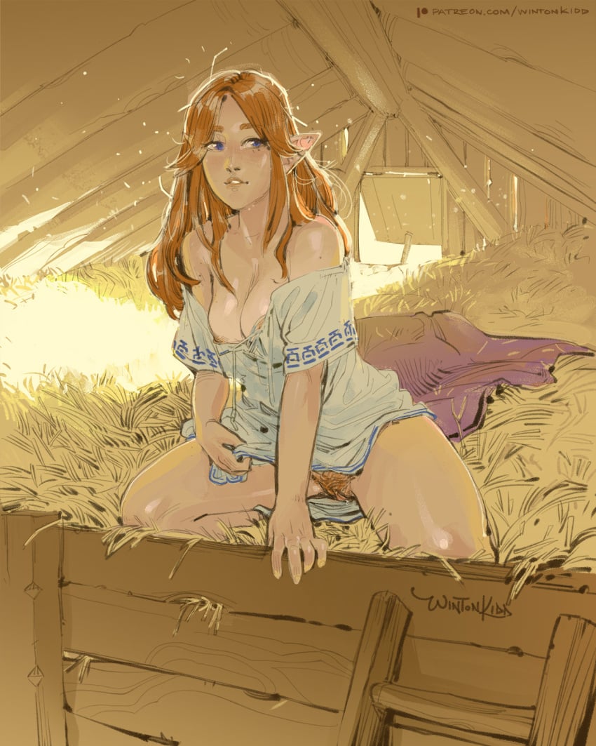 1girls bare_shoulders barn blanket blue_eyes bottomless breasts elf elf_ears female female_pubic_hair hairy_pussy hay highres hylian hylian_ears long_hair looking_to_the_side majora's_mask malon messy_hair nipple_slip nipples no_bra ocarina_of_time off_shoulder parted_lips pointy_ears pubic_hair pussy red_hair solo solo_female the_legend_of_zelda the_legend_of_zelda:_ocarina_of_time wintonkidd