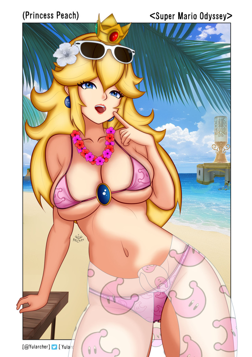 1girls beach big_breasts bikini blue_eyes busty cleavage large_breasts legs looking_at_viewer mario_(series) navel nintendo ocean open_mouth pink_bikini princess princess_peach sarong smile super_mario_odyssey thighs voluptuous water yularcher