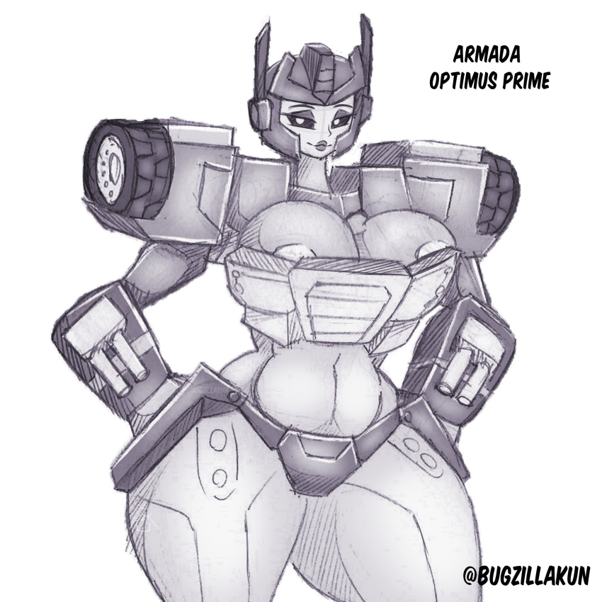 belly black_and_white bugzilla bursting_breasts chubby_belly chubby_female eyeshadow female grin hands_on_hips lipstick optimus_prime robot_girl rule_63 thick_thighs thong three-quarter_portrait transformers transformers_armada voluptuous wheels