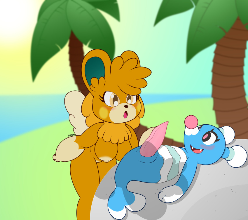 absurd_res anthro blue_body breasts brionne duo elizabeth_(pwmtstar) female genitals hi_res male nintendo orange_body orange_eyes pawmot penis pokémon_(species) pokemon pwmtstar_(artist) surprised_expression