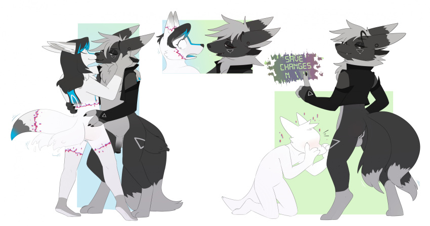 2boys anthro ass attribute_theft balls black_hair blue_highlights blush canid canine cuntboy duo eyeless fauvfox featureless_face femboy fox full-package_cuntboy genitals hair herm hermaphrodite hi_res highlights_(coloring) intersex male male_only maleherm mammal mouthless multi_genitalia multi_tail null penis pussy transformation