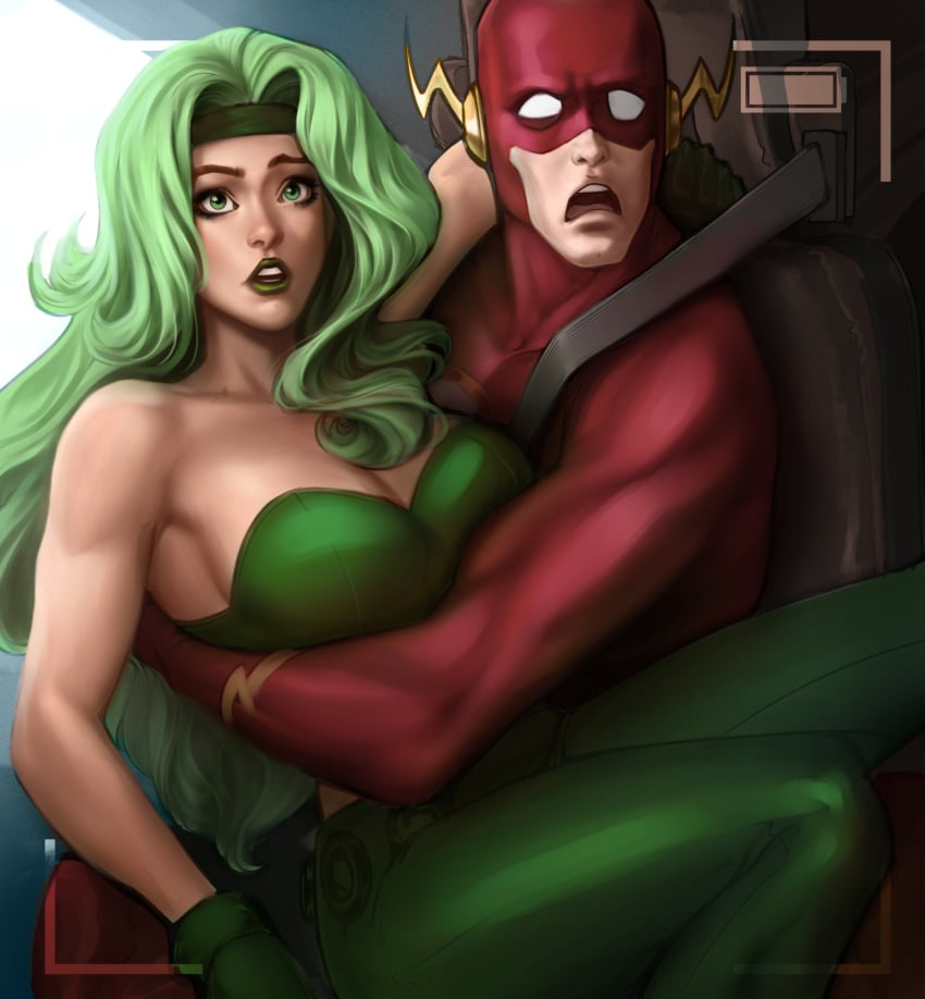 1boy 1girls arm_around_partner arm_under_breasts beatriz_da_costa busty camera_view car_seat caught caught_on_camera cleavage dc dc_comics dcau female fire_(dc) green_eyes green_hair green_lipstick hugging kodiart96 long_sleeves male male/female mask on_lap skin_tight straight surprised the_flash tight_clothing wally_west