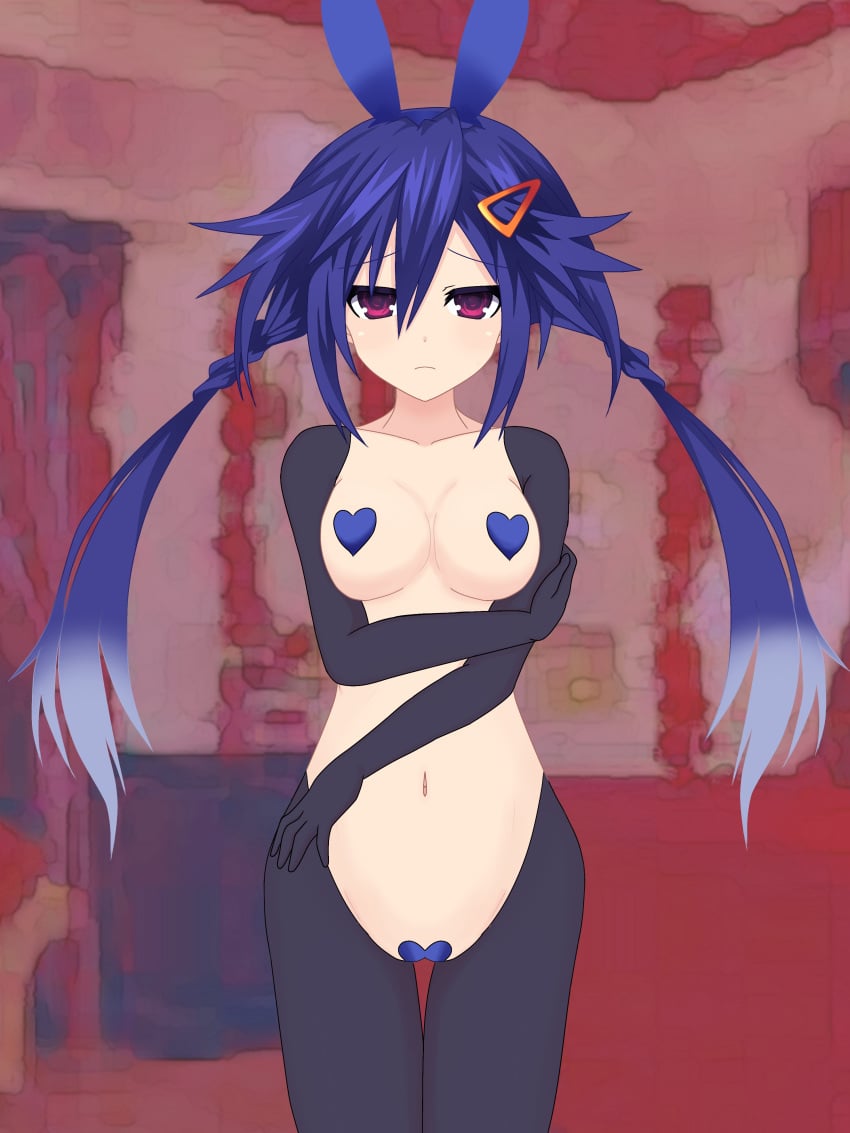 1girls bare_midriff barely_clothed blue_hair breasts bunny_ears female_only frown hairclip heart_shaped_nipple_covers holding_arm kurome_ankokuboshi light-skinned_female looking_at_viewer medium_breasts megadimension_neptunia_vii neptunia_(series) nipple_covers nipple_pasties pasties pigtails purple_eyes pussy_covered pussy_pasty s.g.sho solo twintails