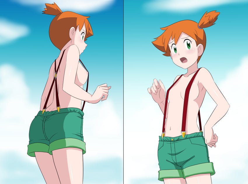 1girls armpits ass asymmetrical_hair bangs blush breasts clothing denim denim_shorts female female_only game_freak green_eyes green_shorts high_resolution kakkii kasumi_(pokemon) legs looking_at_another looking_at_viewer misty_(pokemon) navel nintendo nipples orange_hair pokemon pokemon_(anime) pokemon_(classic_anime) pokemon_(game) pokemon_rgby ponytail shirt short_shorts shorts side_ponytail small_breasts smile solo suspenders tank_top thighs tied_hair