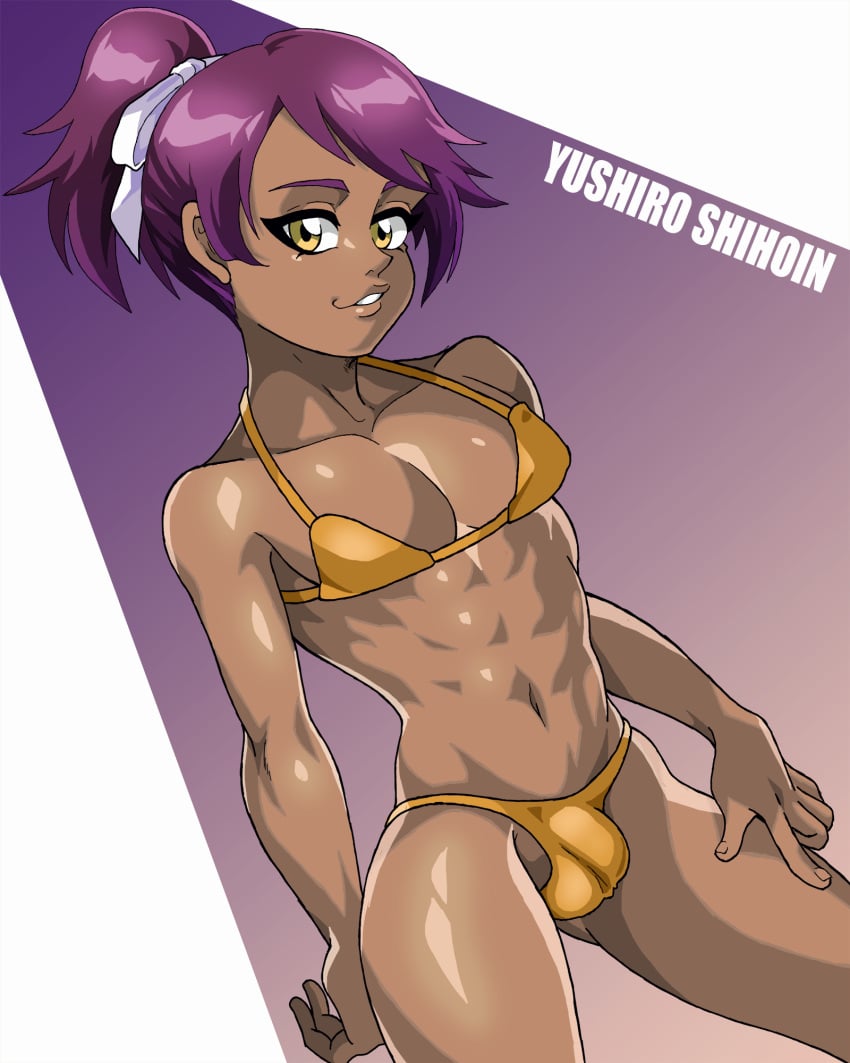 1boy bikini bleach curvy curvy_figure dark-skinned_femboy dark-skinned_male dark_skin femboy hand_on_thigh looking_at_viewer male male_focus male_only navel otoko_no_ko purple_hair schlumper shihouin_yuushirou shiny_skin sissy solo yellow_eyes