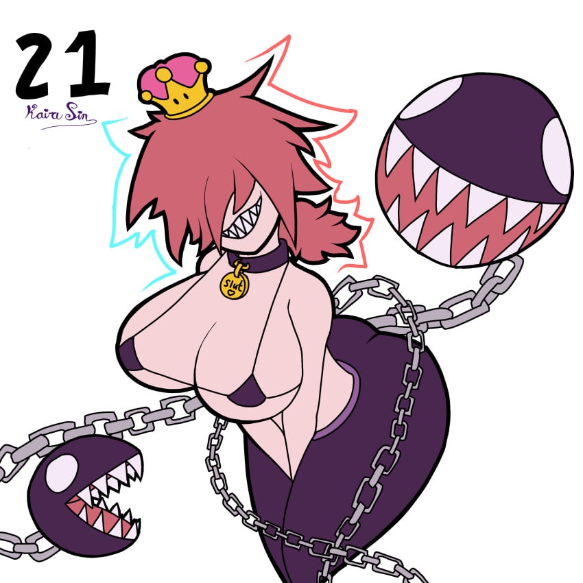 barely_clothed barely_contained_breasts big_ass big_breasts bikini_top chain_chomp chains chompette crown dog_collar kairasin leaning_forward mario_(series) micro_bikini ponytail red_hair rule_63 sexy_pose sharp_teeth simple_background slut_collar smile smiling_at_viewer spiky_hair super_mario_bros. thick_thighs tight_clothes tight_clothing white_female wide_hips