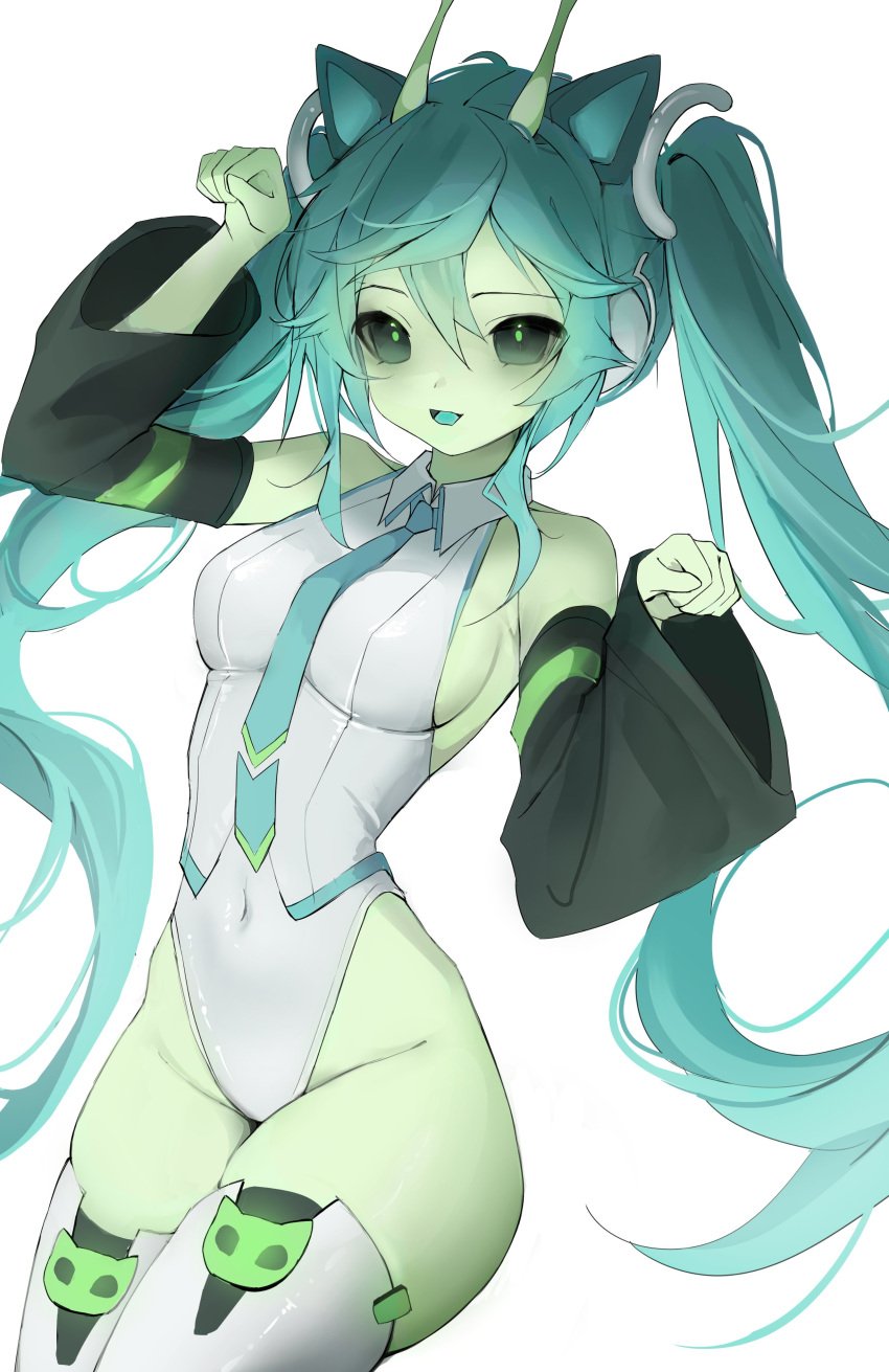 animal_ears antennae aqua_hair breasts cat_ears cat_girl cat_tail colored_skin detached_sleeves eyelashes female glorpi_miku_(dyarikku) green_skin hatsune_miku highres leotard navel necktie skin_tight sleeves_past_wrists smile solo tail thighhighs twintails vocaloid