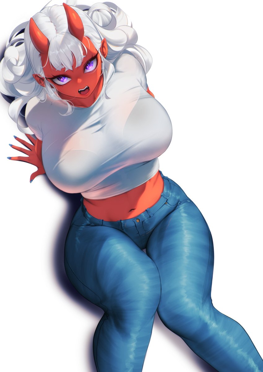 1girls big_breasts blueorca breasts colored_skin curvaceous curvy curvy_female demon_girl demon_horns female female_focus female_only hi_res highres hourglass_figure huge_breasts large_breasts long_hair looking_at_viewer navel pointy_ears red_body red_skin slim_waist solo solo_female solo_focus tall thick_thighs thighs wide_hips