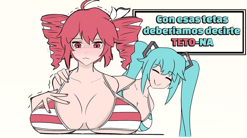 2girls big_breasts bikini blue_hair blush hatsune_miku kasane_teto red_eyes red_hair tetas vocaloid