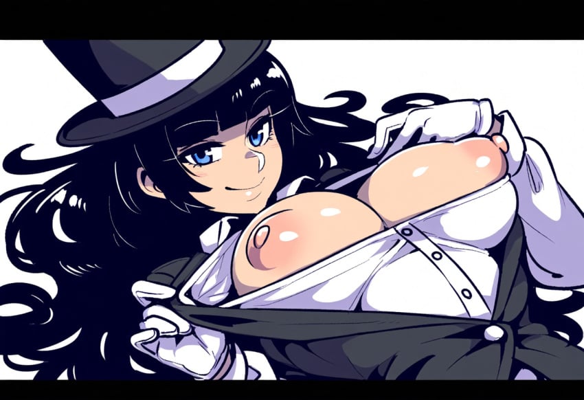 1girls ai_generated big_breasts black_hair dc dc_comics female large_breasts mullon nipples novelai seductive seductive_look seductive_smile smile superheroine zatanna