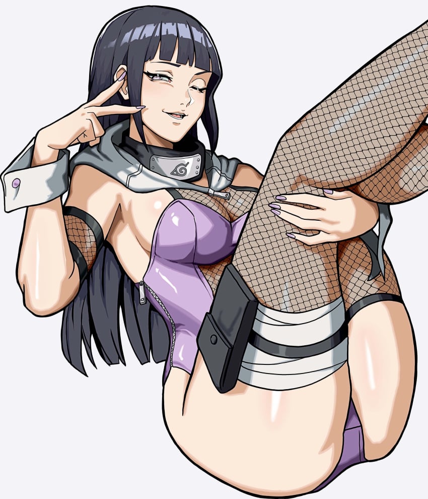 black_hair cuffs female fishnets hyuuga_hinata kunoichi mikeypieart naruto peace_sign sexy_pose