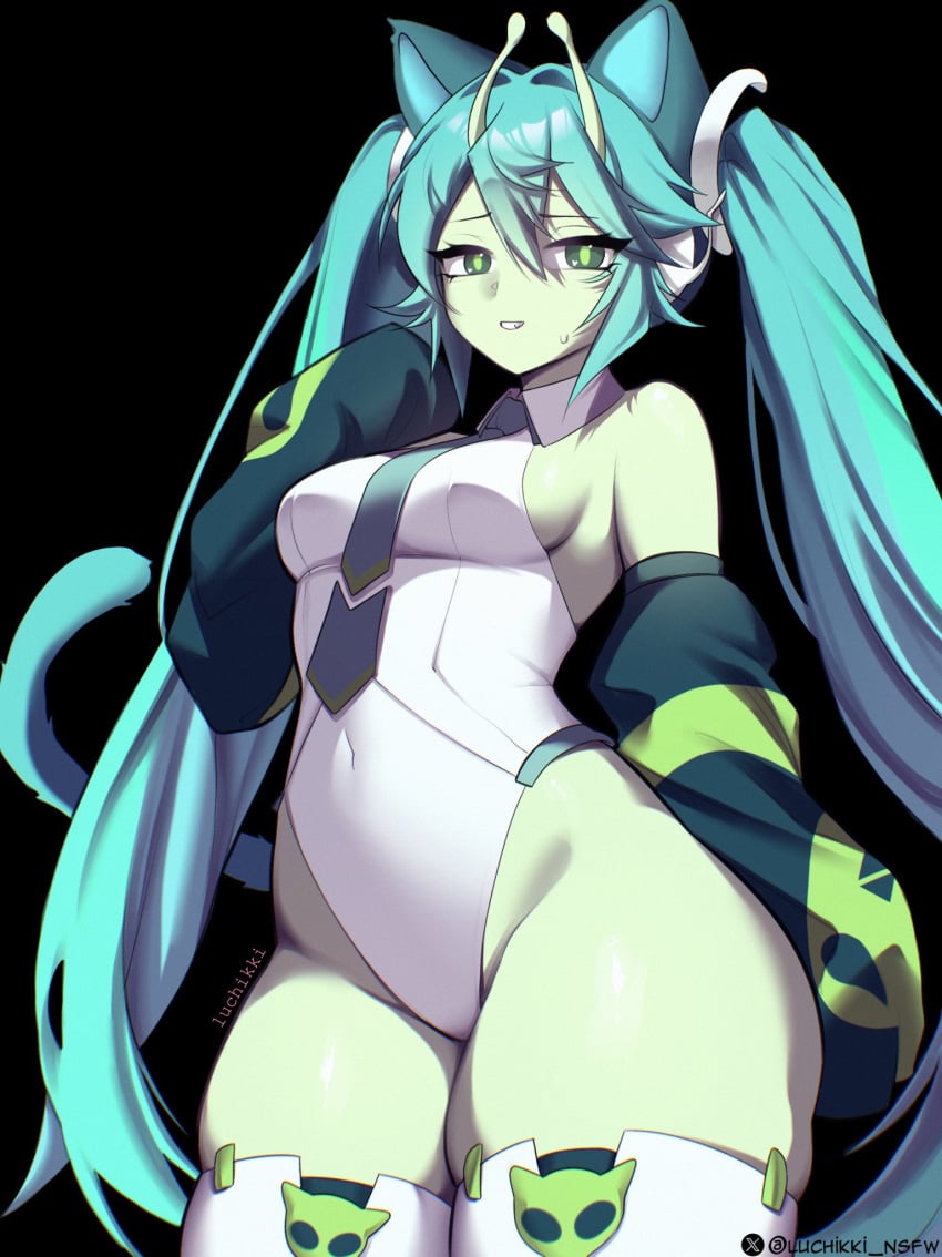 animal_ears antennae aqua_hair breasts cat_ears cat_girl cat_tail colored_skin detached_sleeves eyelashes female glorpi_miku_(dyarikku) green_skin hatsune_miku highres leotard navel necktie skin_tight sleeves_past_wrists smile solo tail thighhighs twintails vocaloid