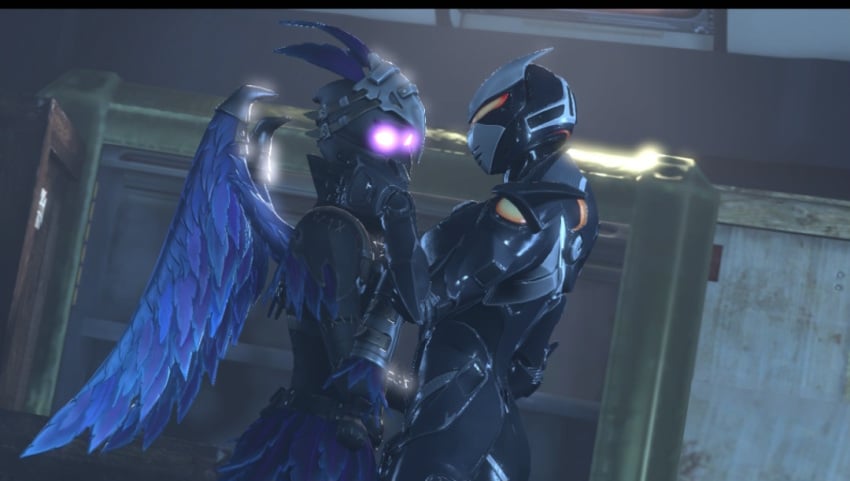 2girls 3d ass clothed cuddling oblivion_(fortnite) purple_eyes ravage_(fortnite) robot sfm wings