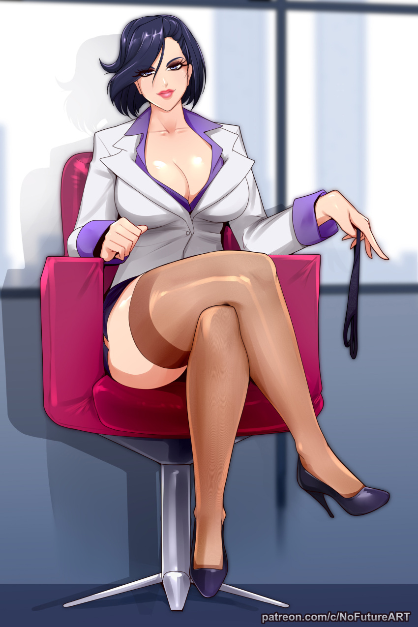 1girls big_breasts blue_eyes blue_hair city_hunter cleavage crossed_legs dark_blue_hair female female_only heels hi_res holding_panties looking_at_viewer nofuture panties panties_removed pink_lips saeko_nogami shounen_jump sitting sitting_on_chair smiling smiling_at_viewer solo stockings suit thick_thighs