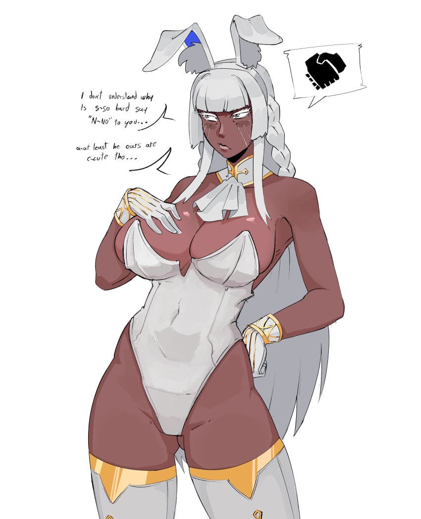 1girls big_breasts brigitta_lycaon bunny_ears bunnysuit cupperexe dark-skinned_female dark_skin embarrassed female female_only gloves long_hair metaphor:_refantazio solo thighhighs white_hair