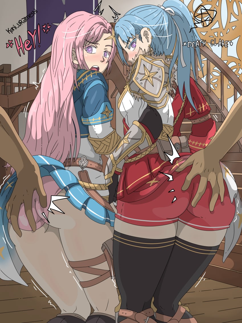 2girls anger big_butt blue_hair butt duoleveling groping_ass indie_virtual_youtuber koni_urameshi mage panties pink_hair shorts sisters skirt surprised text turning_head vtuber warrior youtube yuki_astrea yuna_astrea