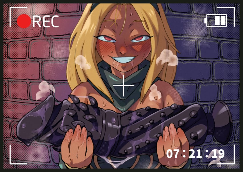 blonde_hair blushing_at_viewer blushing_female bumped_dildo dark-skinned_female dildo dripping dripping_dildo drooling gigantic_dildo gravity_rush grotesque_dildo hatake_(artist) hi_res holding_dildo huge_dildo humiliating humiliating_herself kat_(gravity_rush) panting presenting public_humiliation public_indecency recording recording_video ribbed_dildo slutty_face steamy sweating used_dildo wet_dildo