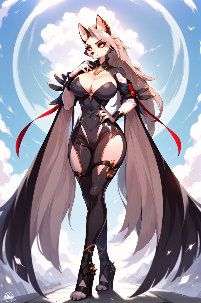 ai_generated basketmuffin bayonetta bayonetta_(cosplay) cleavage cosplay female_furry furry hellhound helluva_boss high_heels huge_breasts loona_(helluva_boss)