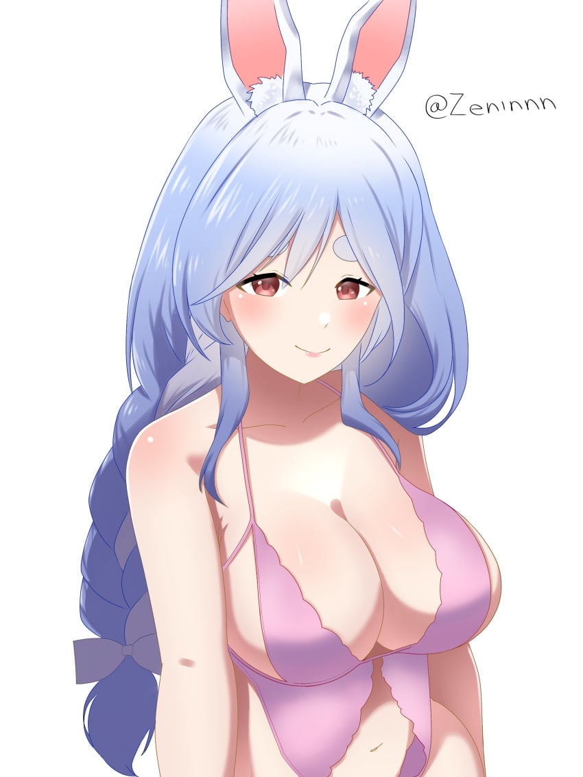 1girls animal_ears big_breasts blue_hair blushed_face breasts breasts_bigger_than_head bunny_ears female female_only hololive hololive_fantasy hololive_japan holomilfs light-skinned_female light_skin lingerie lingerie_bra mature_female milf pekomama red_eyes solo virtual_youtuber zeninnn