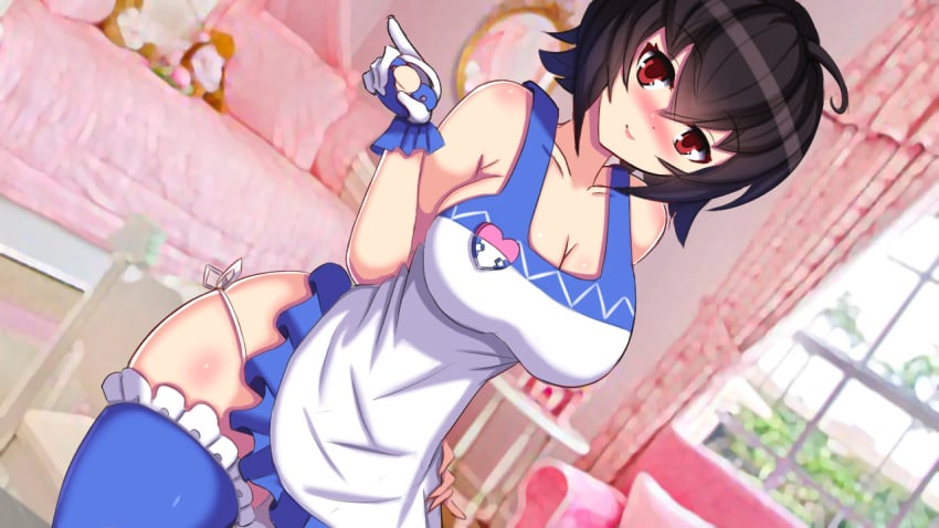 1girls apron bed black_hair bottle breasts couch gloves hand_on_hip holding_bottle holding_pacifier large_breasts lilith-fetish looking_at_viewer naked_apron original pacifier red_eyes short_hair thighhighs window yuhi_(sofia's_secret)