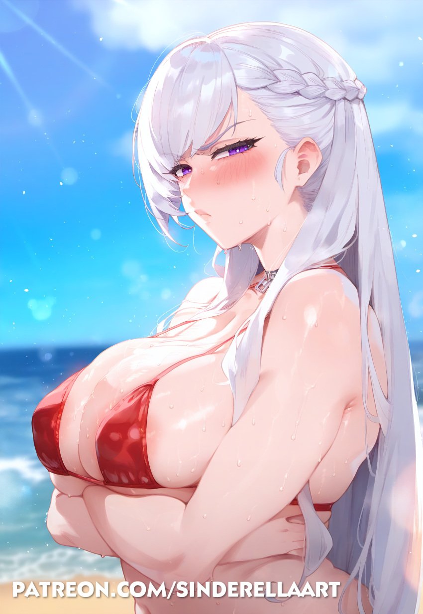 ai_generated azur_lane beach belfast_(azur_lane) big_breasts big_breasts bikini breasts_bigger_than_head busty cleavage commission female huge_breasts large_breasts micro_bikini milf patreon patreon_url patreon_username pawg public sinderellaart thick voluptuous voluptuous_female