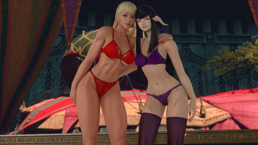 2girls 3d au_ra bisexual bisexual_female cameltoe exhibitionism final_fantasy final_fantasy_xiv hand_on_back hand_on_shoulder hi_res hyur kyubisan lingerie lingerie_only lyse_hext square_enix toned toned_female yugiri_mistwalker