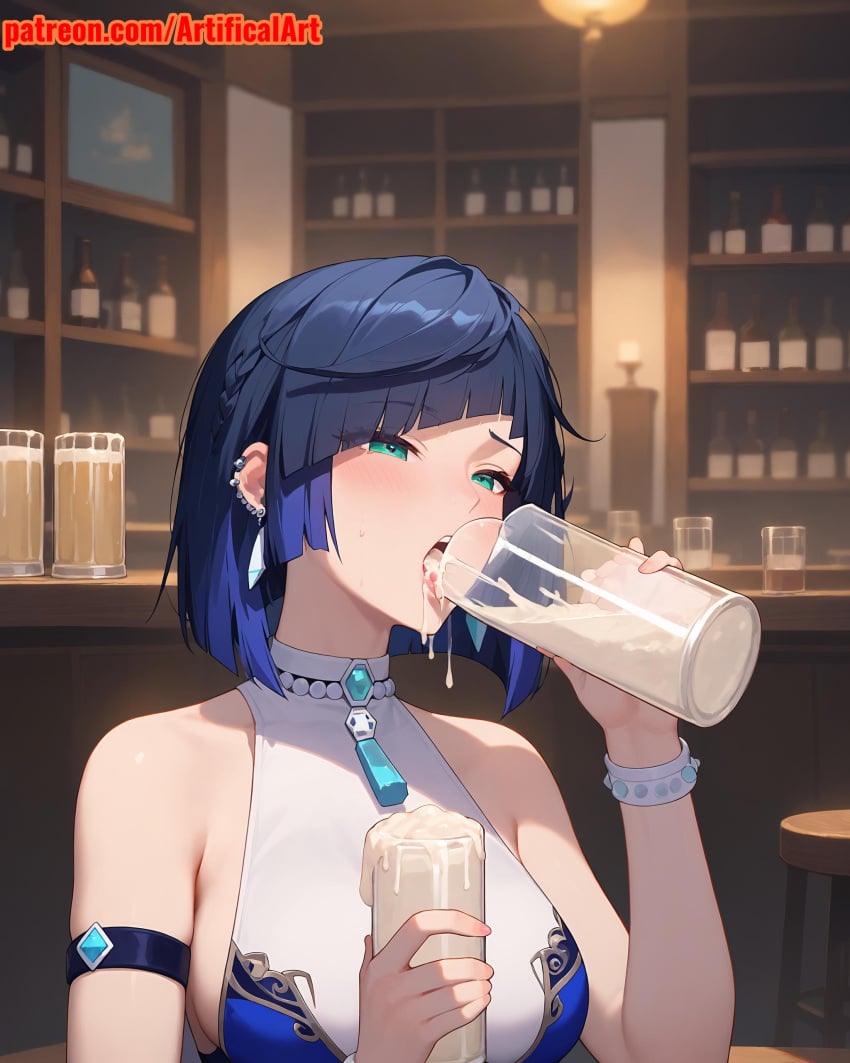 1girls ai_generated artifical_art blue_hair blush dripping_cum dripping_semen earrings genshin_impact green_eyes nail_polish open_mouth perfect_body semen_in_mouth semen_on_tongue short_hair yelan_(genshin_impact)