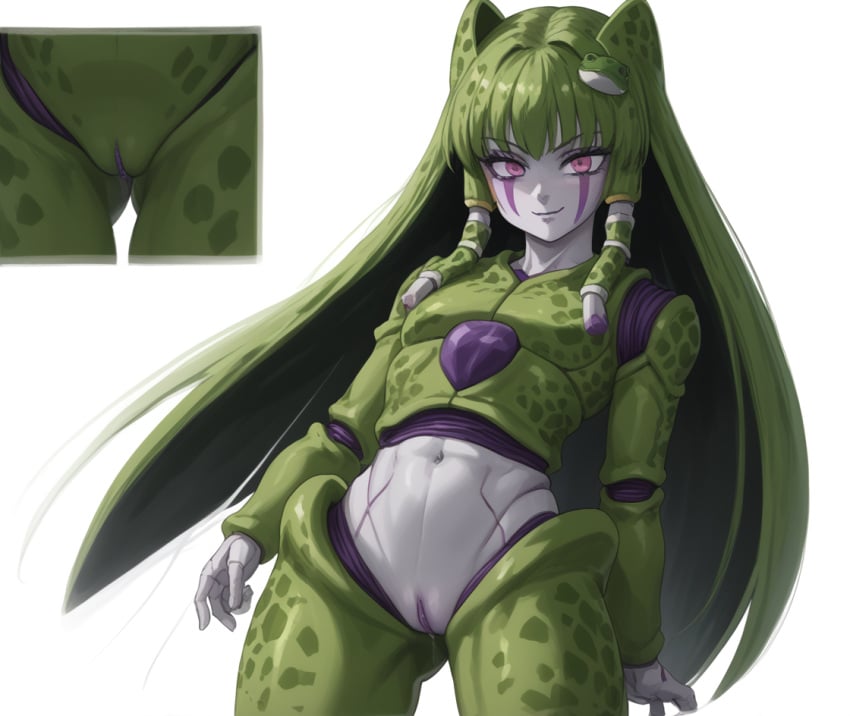 absorbing ai_generated cell_(dragon_ball) cell_sanae crossover dragon_ball evil_grin female_cell fusion kochiya_sanae perfect_cell pussy