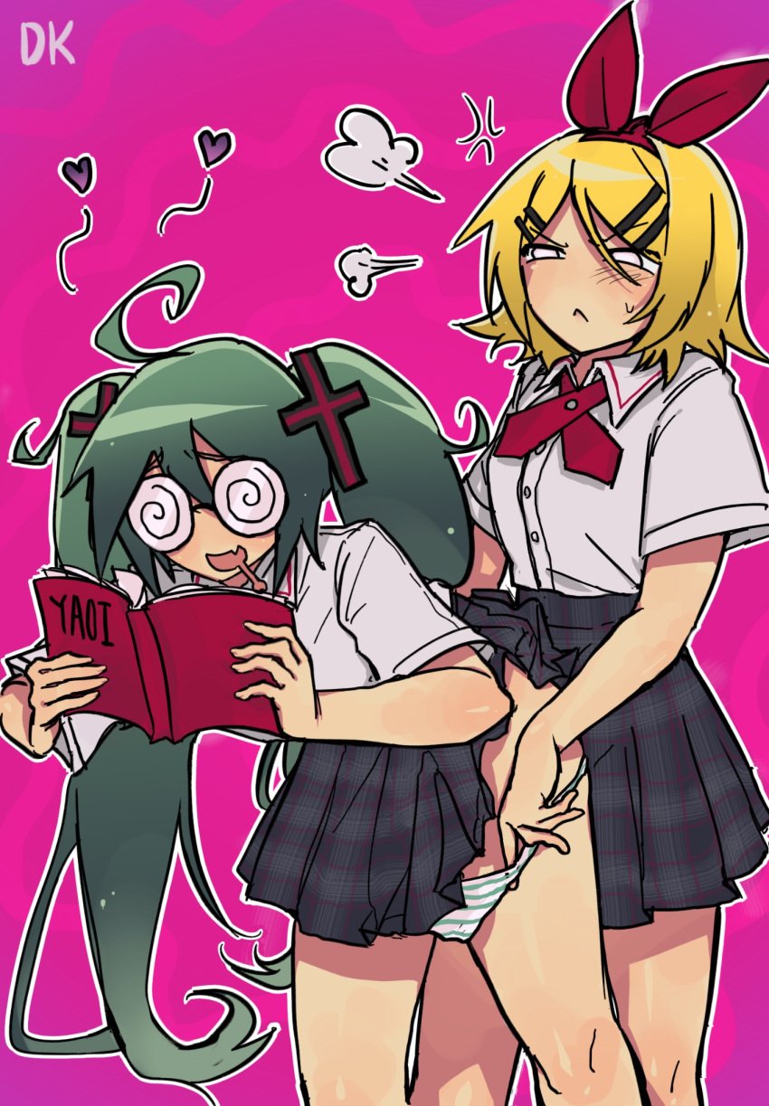 2girls annoyed_face ass_grab blush book confessions_of_a_rotten_girl_(vocaloid) drool drool_string drooling fujoshi_miku gay gooner green_hair hatsune_miku heart humping hypnotic_eyes kagamine_rin open_mouth panties panties_down pink_background pout reading_pornography ribbon school_uniform skirt striped_panties tagme_(artist) thighs touching_ass yaoi_with_female_audience yellow_hair yuri