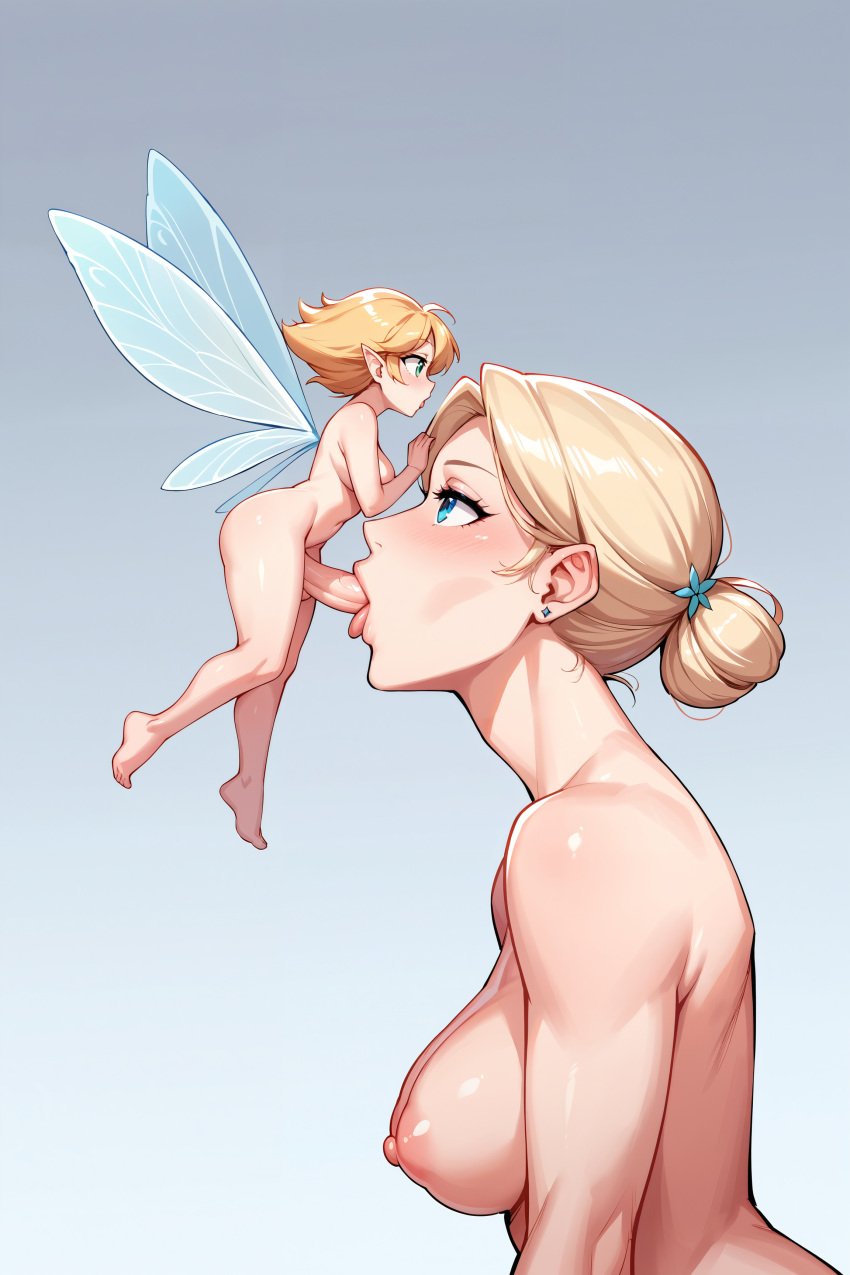 1futa 1girls ai_generated barefoot blonde_hair blue_eyes breasts extreme_size_difference fairy fairy_wings feet fellatio female futanari giantess larger_female macro micro micro_on_macro minifuta nude size_difference smaller_futanari