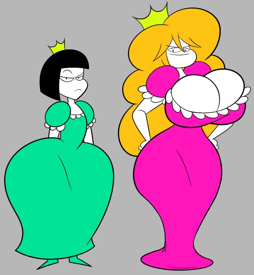 2girls cropped cropped_image female female_only flat_chest green_dress huge_ass huge_breasts looking_at_viewer oboithisisfunky pink_dress princess princess_applebottom princess_backache princess_libiris_ubera serious serious_look smug smug_face tagme wide_hips