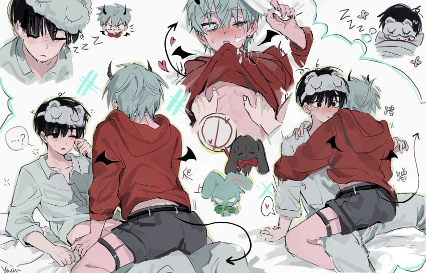 2boys alien_stage black_hair black_shorts chinese_text demon_horns demon_tail dreaming garter_straps grey_hair hug ivan_(alien_stage) mask_on_head mini_wings rabbit red_hoodie shirt_in_mouth shirt_up short_hair sleep_mask sleeping spoken_heart straddling till_(alien_stage) touching_pecs white_pants white_shirt yaoi yuan_(yuan655182) zzz