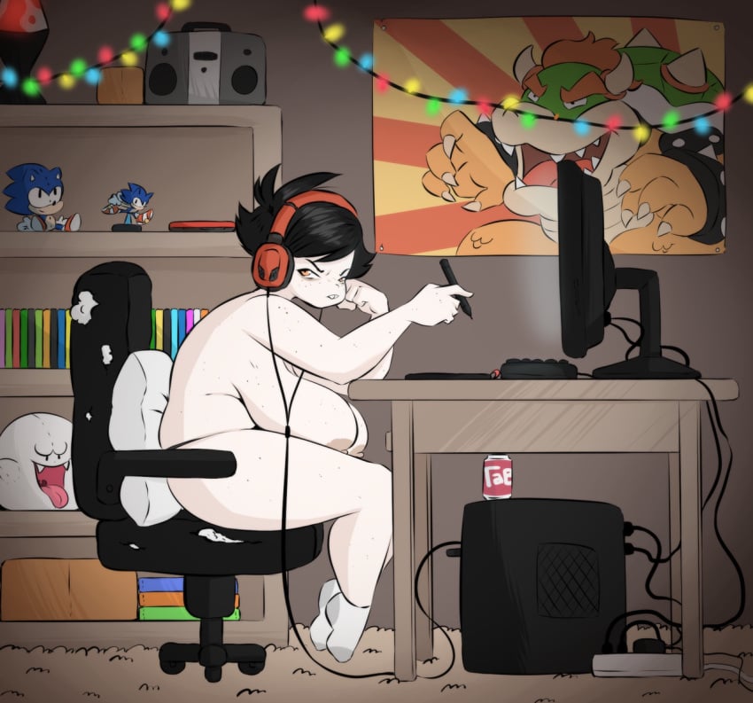 2010s 2018 amber_eyes amiibo ankle_socks anklehighs annoyed_expression areolae artist black_hair boo_(mario) boombox bowser breasts_bigger_than_head breasts_on_thigh buckteeth casual_nudity christmas_lights chubby chubby_female computer computer_monitor dead_source digital_media_(artwork) drawer drawing_tablet dullvivid fat_breasts female fluffernubber freckles freckles_on_breasts freckles_on_face freckles_on_shoulders freckles_on_thighs functionally_nude headphones lara_ravencroft lava_lamp looking_at_viewer mario_(series) nerd nerdy_female nipples office_chair original_character pillow poster room shelf short_hair sitting socks socks_only soda solo sonic_(series) sonic_the_hedgehog sonic_the_hedgehog_(series) tab_(soda) thick_thighs thighs white_socks wide_hips