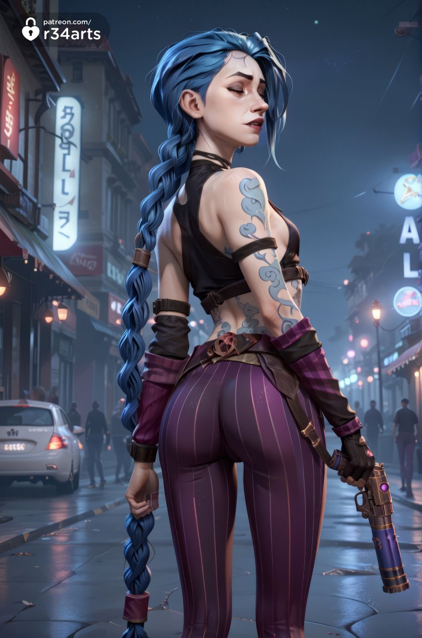 1girls ai_generated arcane arm_tattoo artist_name ass bare_shoulders blue_hair braid breasts building car city closed_eyes crop_top fingerless_gloves from_behind gloves gun handgun hi_res holding holding_gun holding_weapon jinx_(league_of_legends) lamppost league_of_legends long_hair looking_back motor_vehicle netflix night night_sky outdoors pants r34arts riot_games road shoulder_tattoo small_breasts solo standing street striped_clothes striped_pants tattoo twin_braids very_long_hair weapon